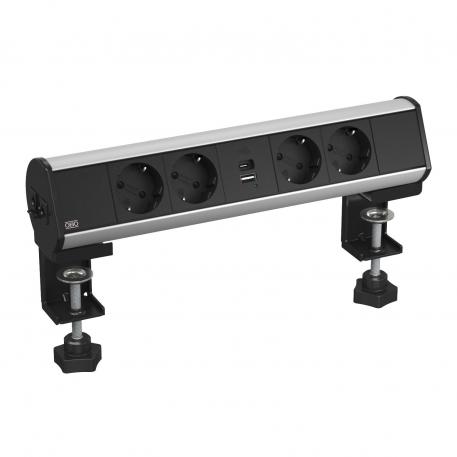 Deskbox with fastening clamp, 4 protective contact sockets, USB Charger 